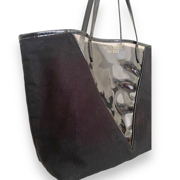 Victoria's Secret BLK Shimmer Canvas Tote Clear Plastic Front V Panel Tiger Bag - Picture 2 of 13